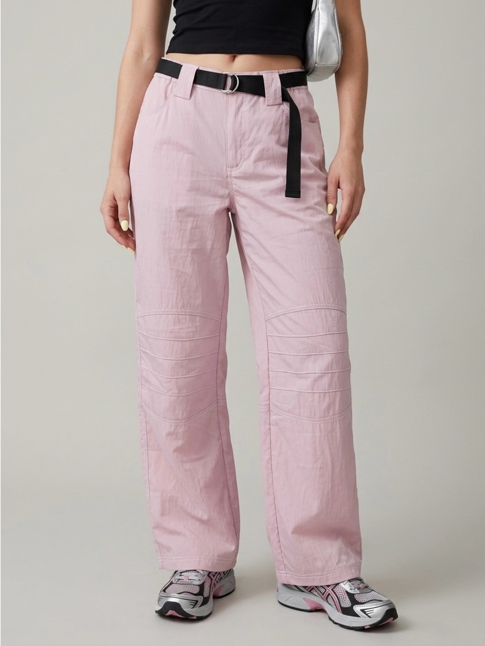 SILENCE + NOISE Bailey Nylon Moto Cargo Pants Pink 4 Contrast Stitch Wide Leg
